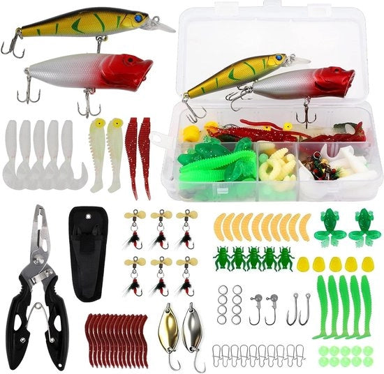 Set completo di 83 accessori da pesca con scatola per esche e molla – comprensivo di esche artificiali, pesci di gomma, indicatori di mordita, poppers, wobblers e jigheads per pesca di pesci di acqua dolce come snoek, zanders, forel e baars.