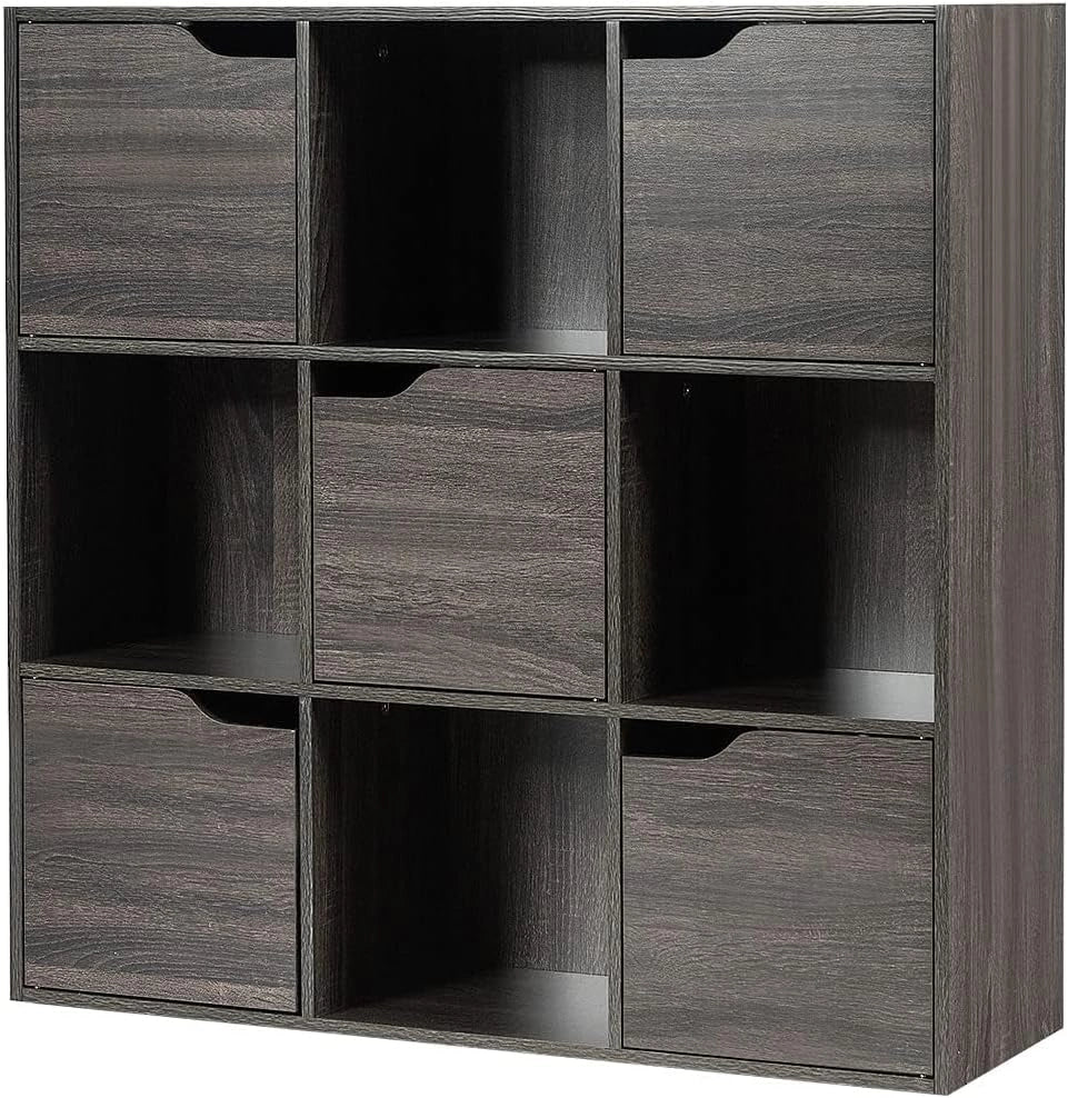 Libreria Scaffale a 9 Cubi e 5 Ante, Scaffale Espositivo in Legno Salvaspazio con 4 Ripiani Aperti, Libreria per Camera da Letto, Soggiorno, Salotto e Ufficio, 90 x 29 x 90 cm (Grigio Scuro)
