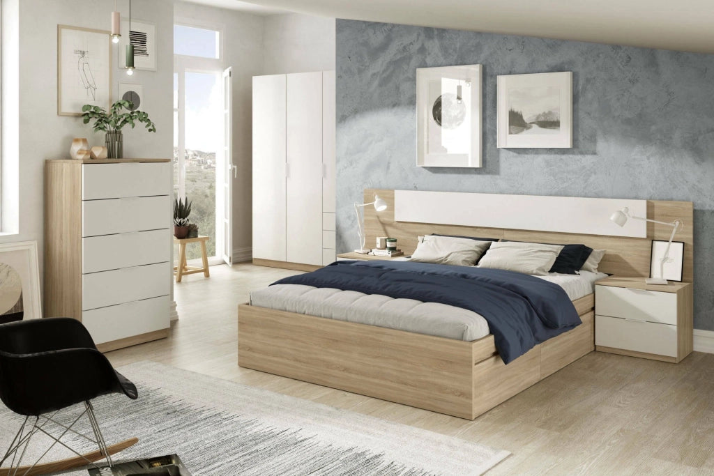 Cassettiera Armenia, Settimanale a 5 cassetti, Mobile ComÒ² per camera da letto, Settimanale moderno, cm 60x40h110, Rovere e Bianco