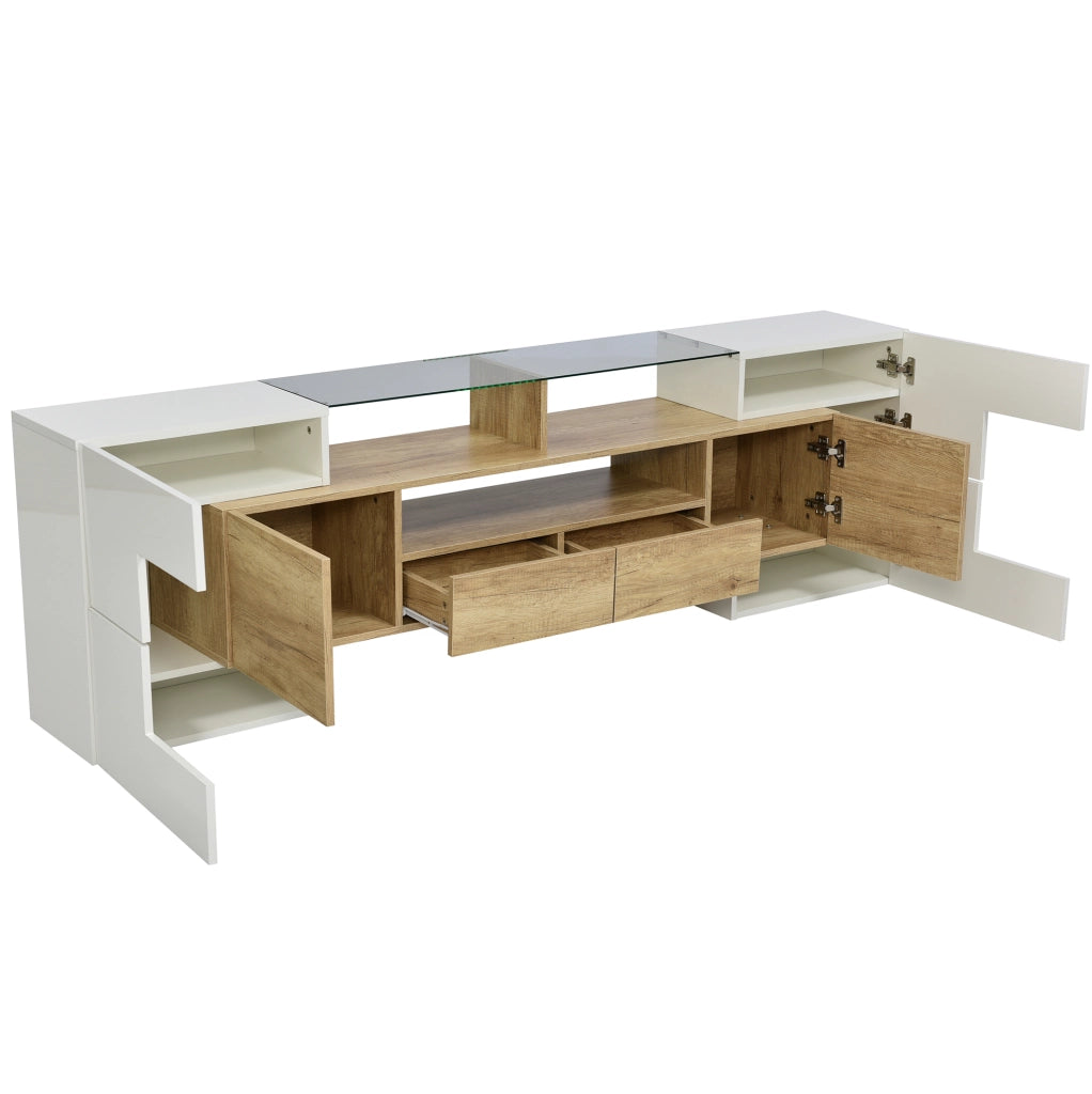 Mobile TV 200 cm bianco lucido e finitura legno con LED multicolore