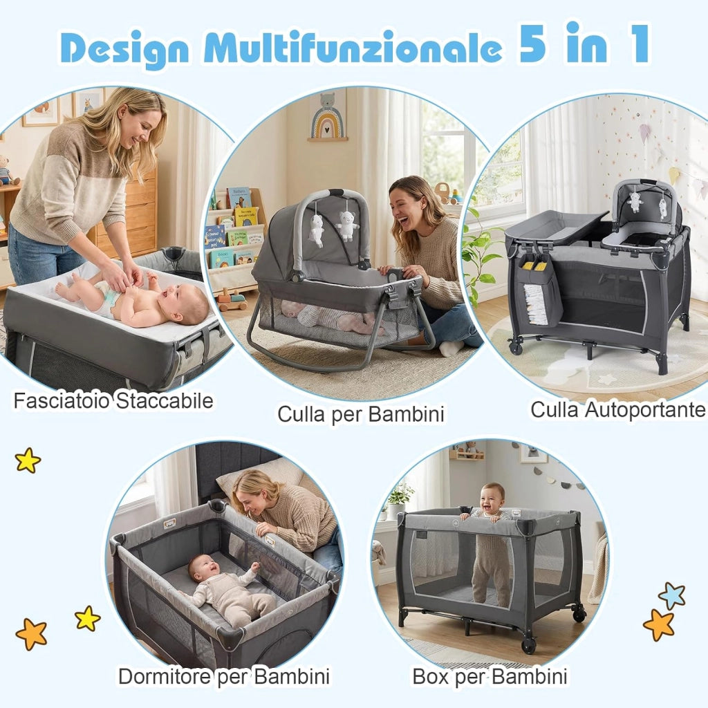 Culla Campeggio Bambini 5 in 1, Lettino Viaggio Neonati Pieghevole con Materasso, Fasciatoio e Tettoia, Box Portatile con Ruote, 2 Giocattoli Appesi e Carillon, per Bambini 0-3 Anni (Grigio)