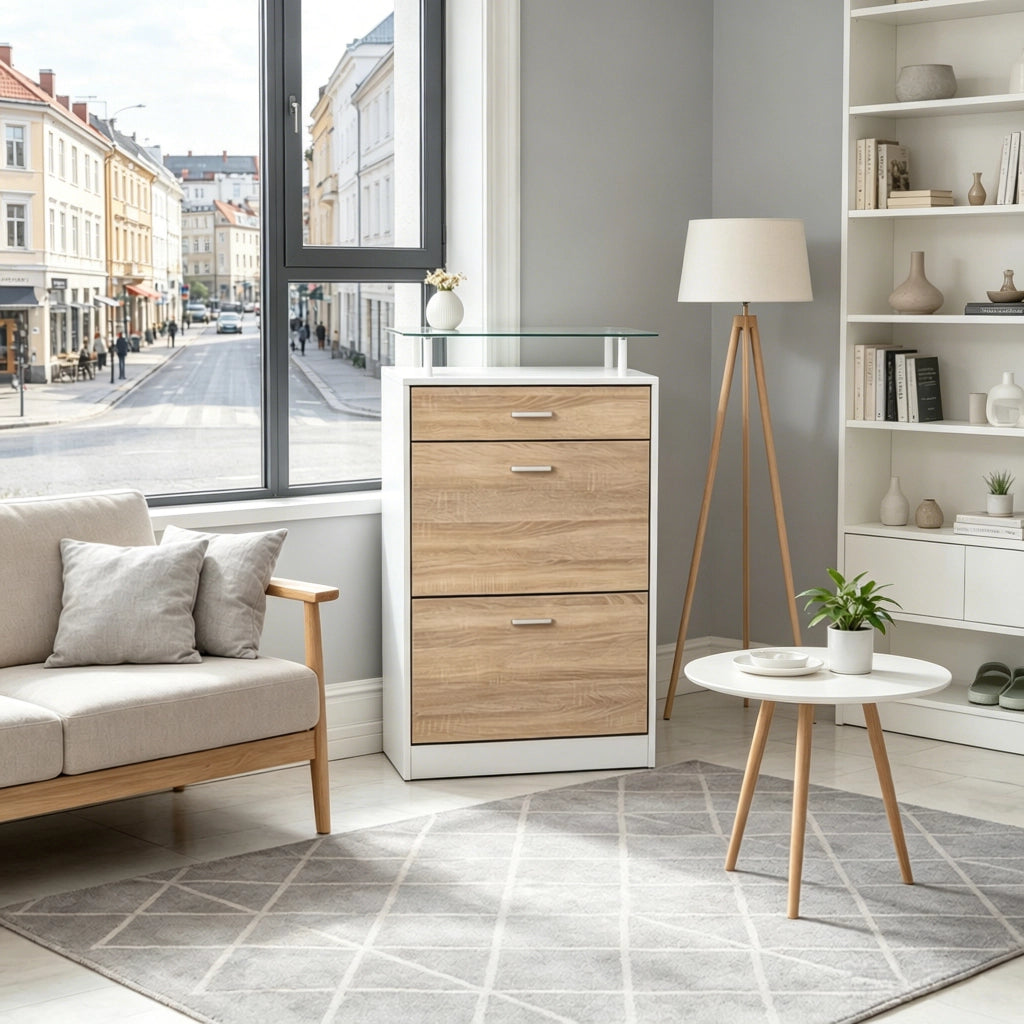 Scarpiera con ripiano in vetro e 2 ante a ribalta, divisorio a 2 posizioni, bianco e rovere chiaro 60 × 24 × 105,5 cm