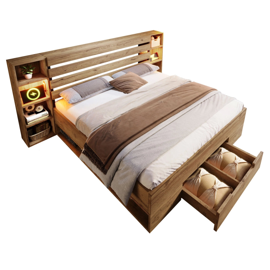 OKWISH Letto Contenitore 160×200 cm, Letto Matrimoniale con LED Regolabile, USB, Tipo C e 2 Cassetti, senza Materasso, Legno e Metallo, Rovere