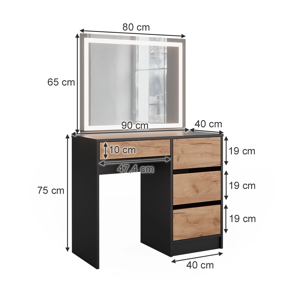 Vicco Tavolo da toilette Antracite/quercia dorata 90 x 75 cm con specchio a LED