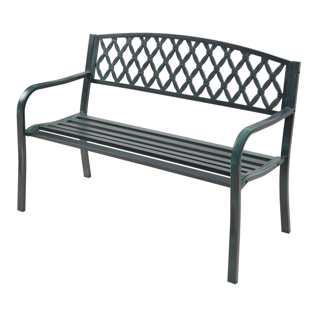 Panca da Giardino Opsasar in Acciaio con Schienale a Motivo Intrecciato 127x54x88 cm - Grigio Scuro con Patina Verde casa.pro