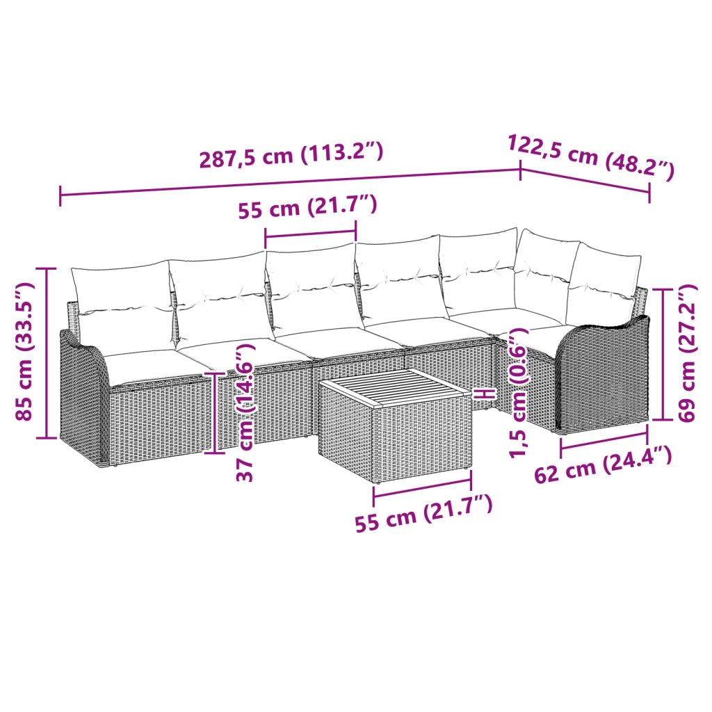 Set Divano da Giardino da 7 Pezzi con Cuscini Polyrattan Nero Acacia