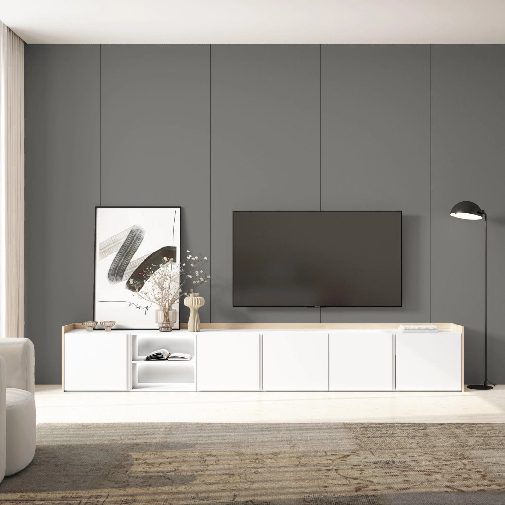 Mobile TV Soggiorno, 309x50x35 cm, Per TV fino a 80", LED, Bianco e Rovere soft