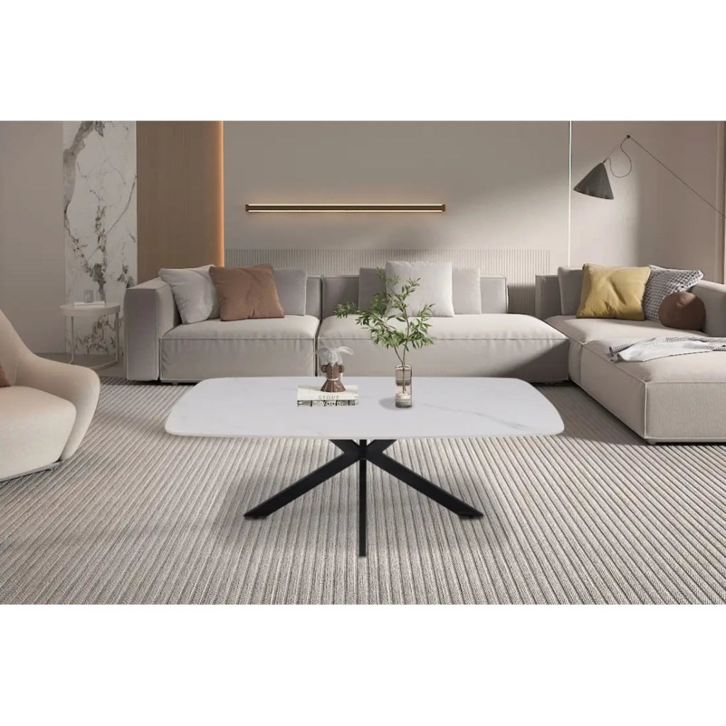 Tavolino basso ARVENA – Tavolino basso rettangolare 130x70 cm – Pietra bianca & metallo – Design moderno di alta gamma