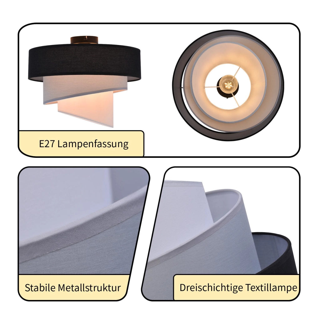 ZMH Lampada da soffitto plafoniera LED moderna 40cm paralume tessuto nero E27 per soggiorno corridoio