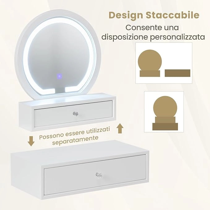 Toeletta da Trucco con Luci, Consolle Toeletta da Parete, con Specchio Moderno e 2 Cassetti Rimovibili, per Camera da Letto o Bagno, Bianco, 50 x 26 x 59,5 cm