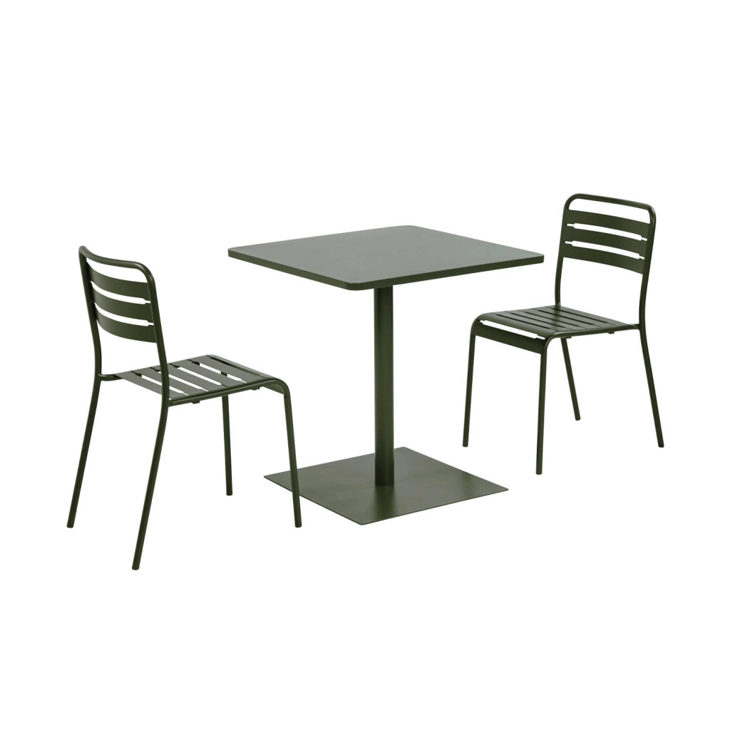 Set tavolo da giardino quadrato in acciaio con 2 sedie, verde kaki