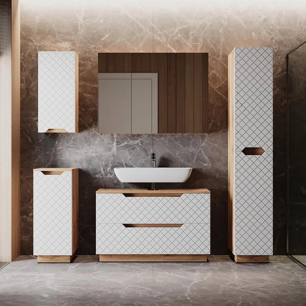 Set di mobili da bagno Lotta, Rovere/bianco con struttura in piastrelle, 4 parti