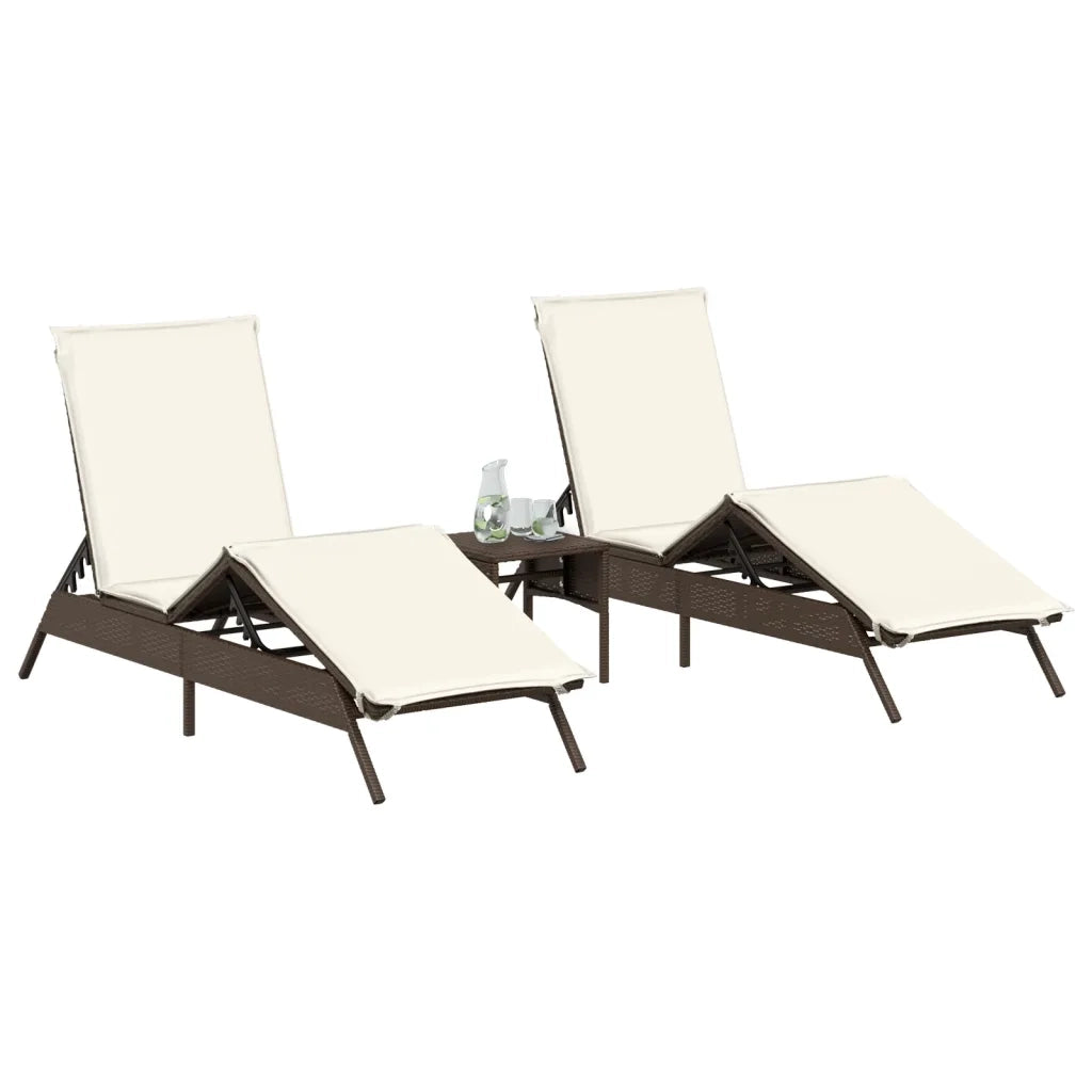 Lettini Prendisole 2 pz | Sdraio da giardino | Lettino da sole con Tavolino Marrone in Polyrattan