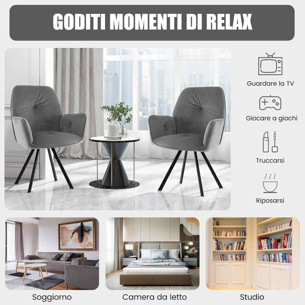Set di 2 Sedia da Scrivania in Velluto, Poltrona Girevole a 360° con Gambe in Metallo e Piedini Antiscivolo, Schienale Largo e Braccioli Ergonomici, Portata 150 kg, 63 x 59 x 87 cm