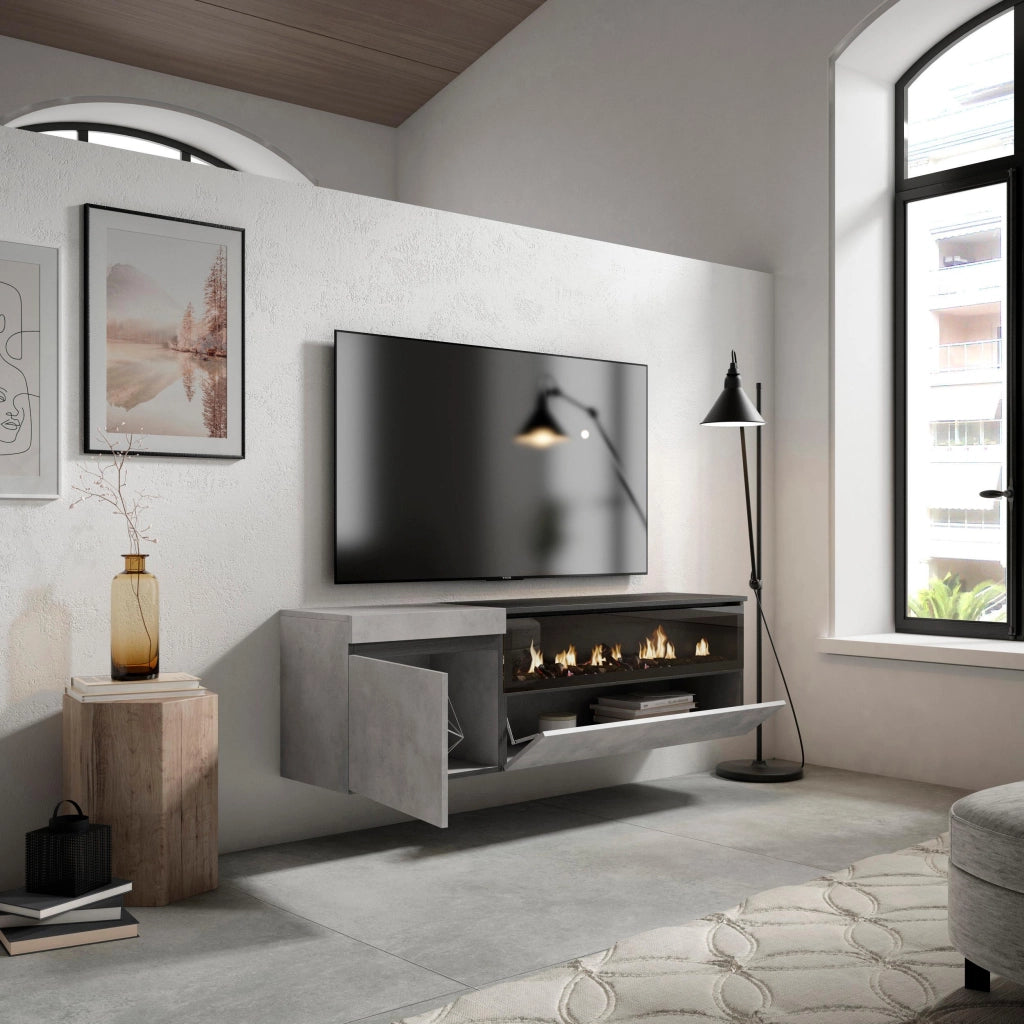 Mobile TV Soggiorno, 150x35x45cm, Per TV fino a 65", Camino elettrico, da appendere, grigio cemento RF2474