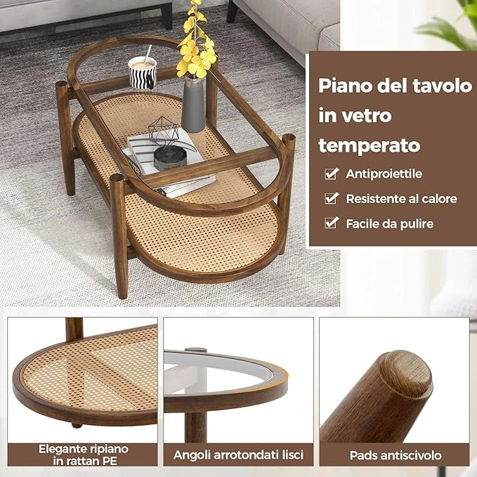 Tavolino da Caffè a 2 Piani con Spazio di Archiviazione, Tavolo Centrale in Rattan PE con Piano in Vetro Temperato, Tavolo da Salotto per Casa, Sala d'Attesa e Ufficio