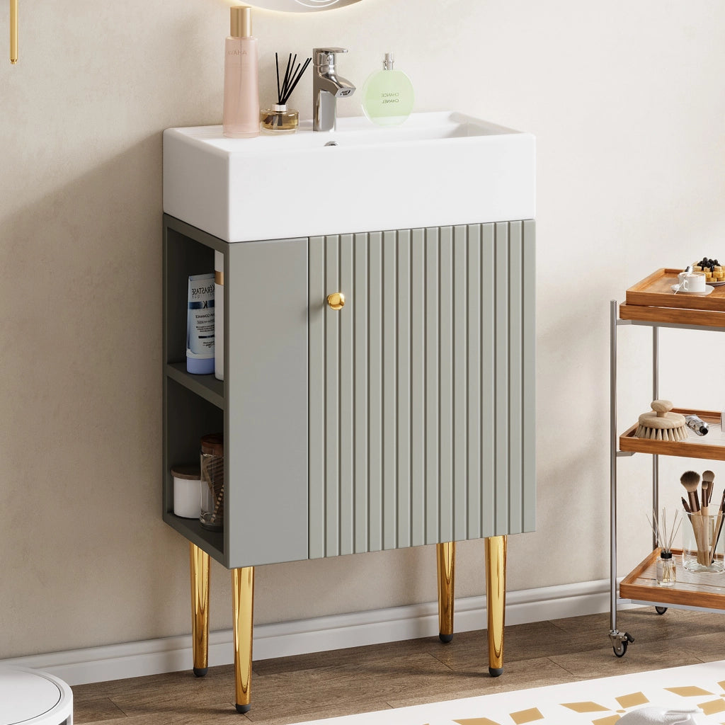 Mobile bagno con lavabo e armadietto 68;5 cm; design a pavimento; grigio e bianco