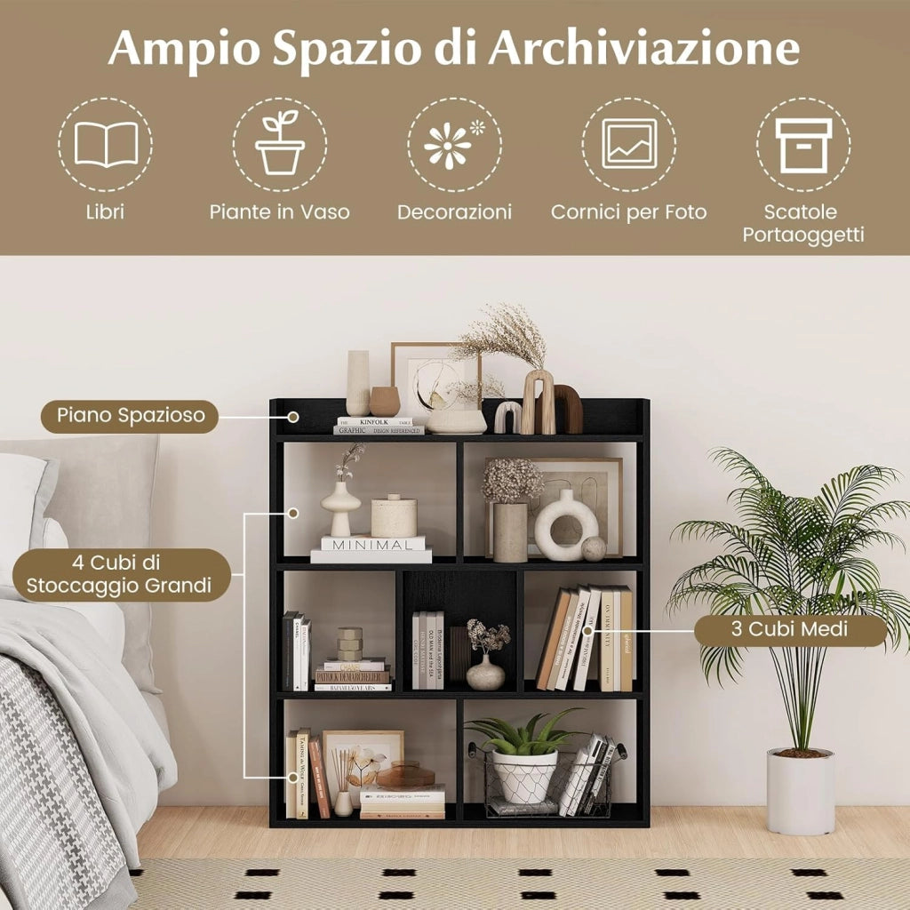 Libreria a Cubi con 7 Scomparti, Mensola Espositiva per l'Archiviazione, Libreria in Legno con Dispositivi Anti-Ribaltamento, per Studio Soggiorno, 80x20x90 cm (Nero)
