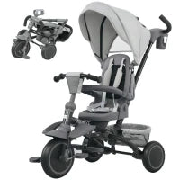 Triciclo Evolutivo 6 in 1 Pieghevole Seggiolino Girevole a 360° Maniglia Genitoriale Schienale Reclinabile Tettoia Grigio
