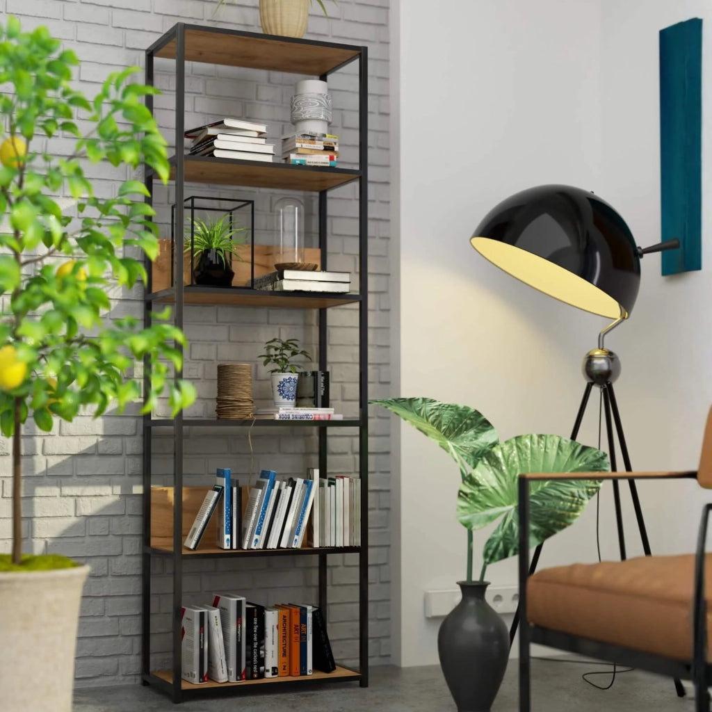 Scaffale stile industriale con ripiani in legno 60 cm Nera, Quercia Craft 60x32x192 cm