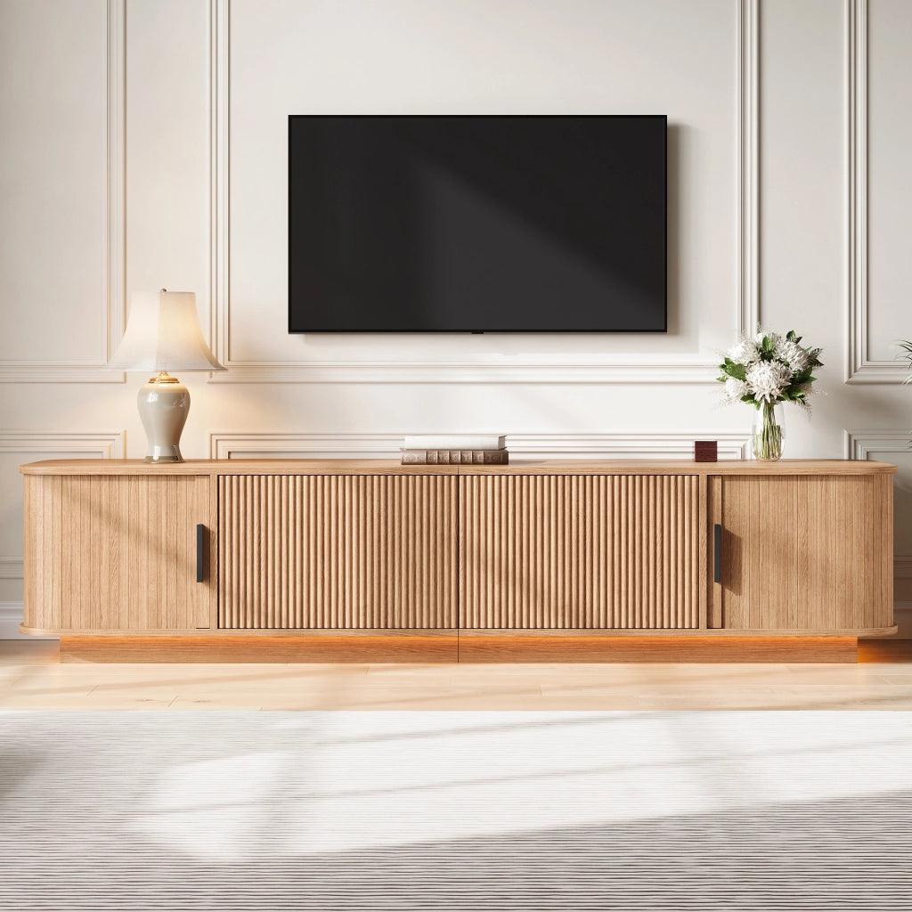Mobile porta TV con LED, 2 cassetti e 2 ante scorrevoli, per soggiorno, in MDF e PB, naturale, 180 × 40 × 40 cm
