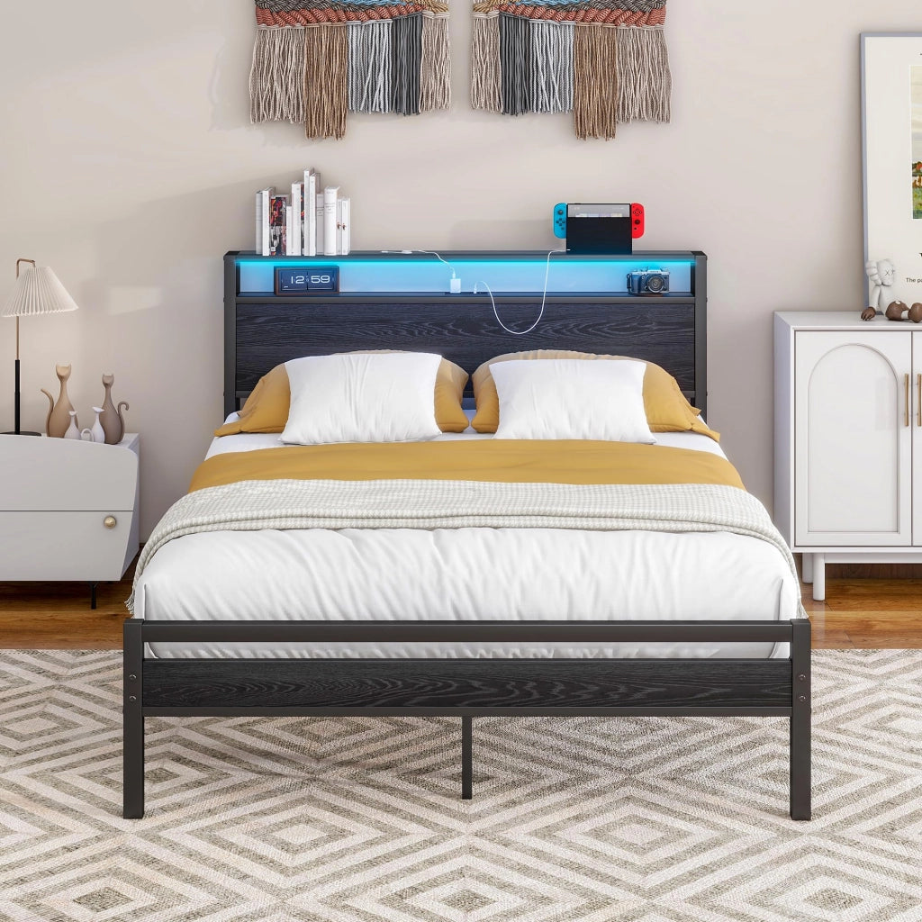 LETTO 120x200 cm in metallo e MDF nero con USB, presa e testiera con vani