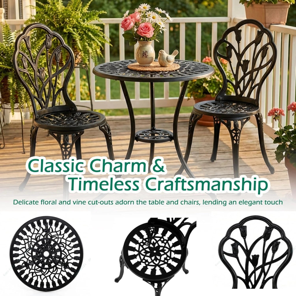 Set da Giardino 3 Pezzi, Tavolo da Bistrot con 2 Sedie in Alluminio Pressofuso, Tavolo con Foro per Ombrellone e Piedini Regolabili, Mobili Resistenti per Balcone, Terrazza e Cortile