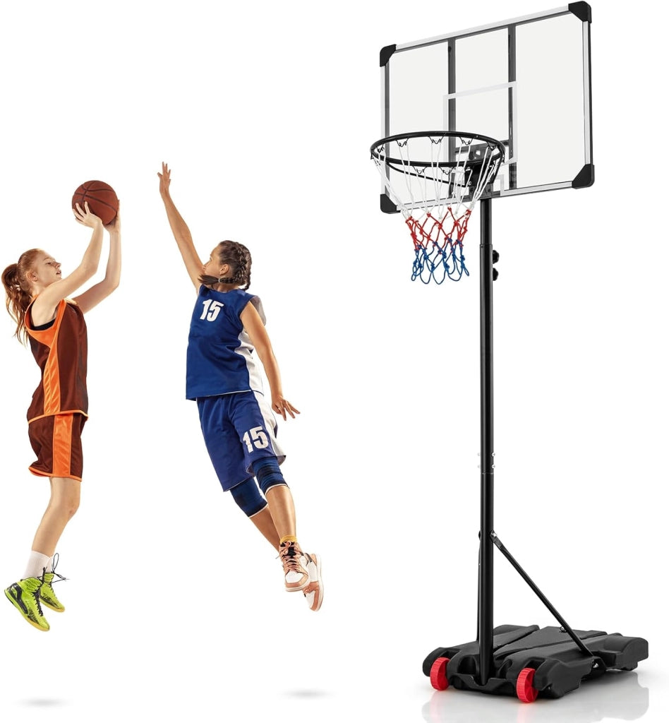 Canestro da Basket Portatile e Regolabile in Altezza 223-253 cm, Canestro da Basket da Esterno ed Interno con Tabellone Antisfondamento, Base Riempibile e Ruote