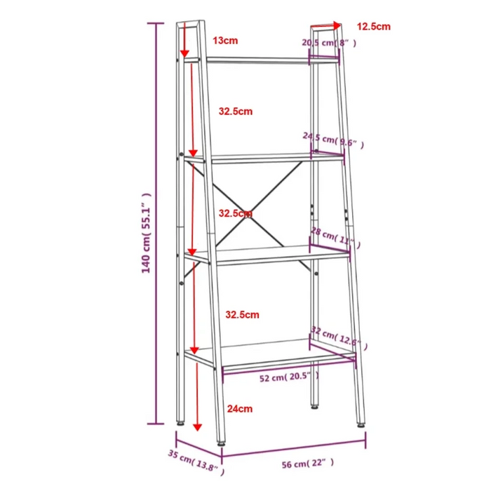 Scaffale Autoportante 4 Ripiani Marrone Scuro Nero 56x35x140 cm