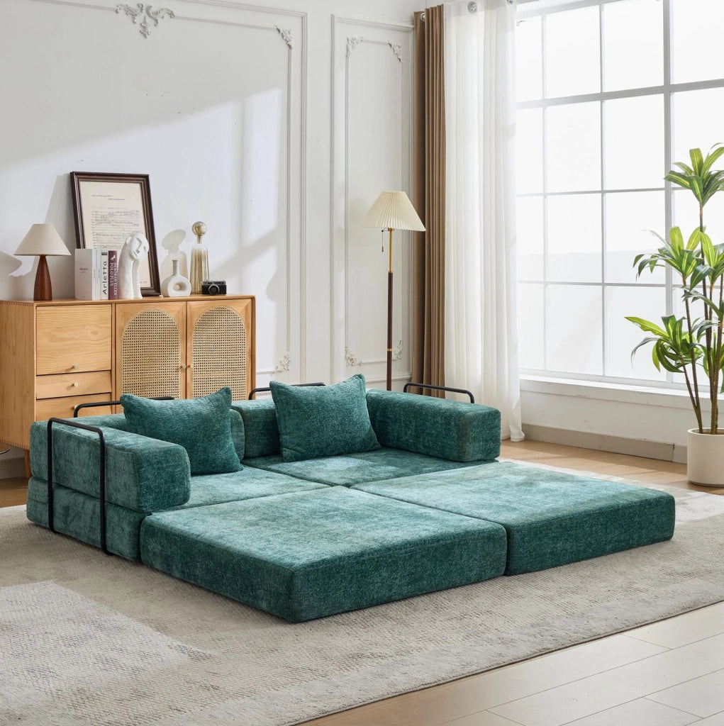 DIVANO Letto da Pavimento Pieghevole Modulare in Chenille Verde Scuro