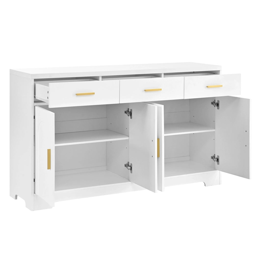 Sideboard bianco con 4 ante ad arco, 3 cassetti e ripiani regolabili, struttura in MDF