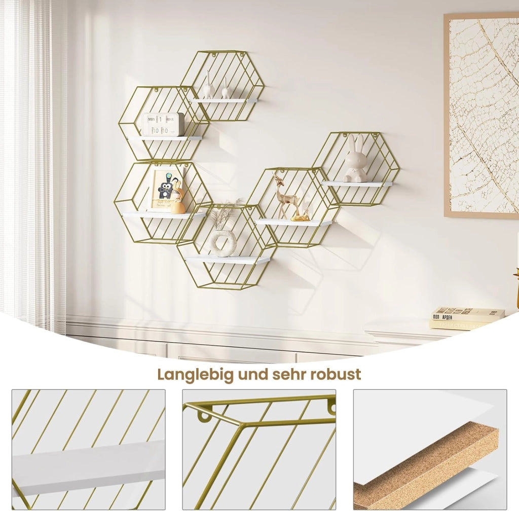 Set di 6 Mensole da Muro, Mensole Sospese per Cameretta, Cucina, Bagno, Decorazione da Parete per Soggiorno, Pannello Bianco+Telaio Dorato, MDF+Metallo