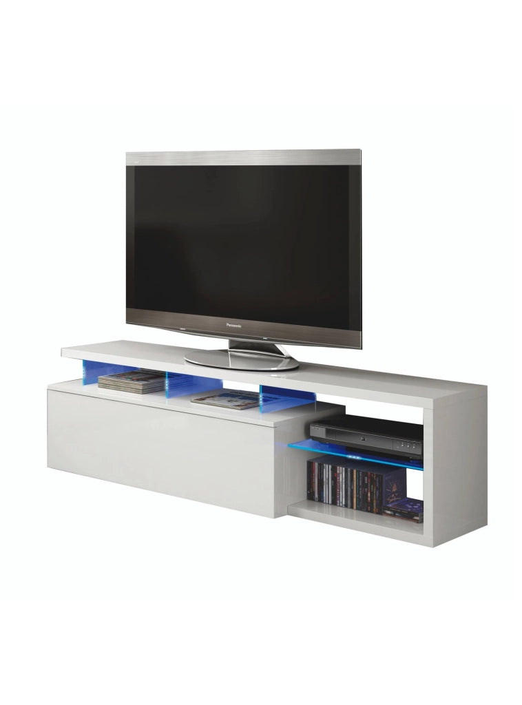 Mobile porta TV Amiuty, Credenza per televisione da soggiorno con 1 anta, Supporto TV con luce led, Buffet da salotto, cm 150x41h50, Bianco lucido