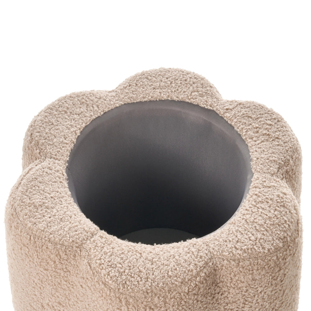 Pouf in bouclè beige con vano portaoggetti motivo floreale per soggiorno e camera da letto stile scandinavo