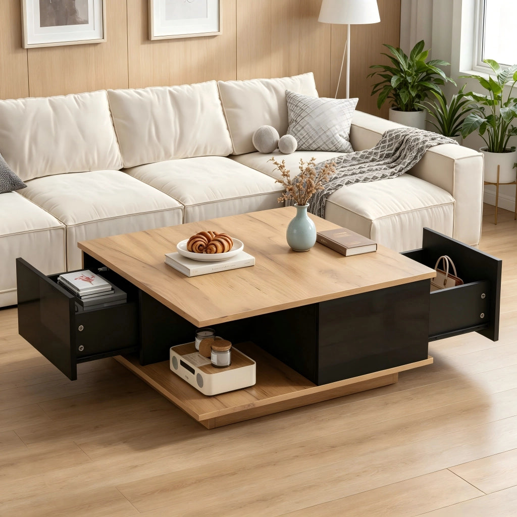 Tavolino da caffè con 3 cassetti e vano aperto; per soggiorno; in truciolare; 70×70×31.5 cm
