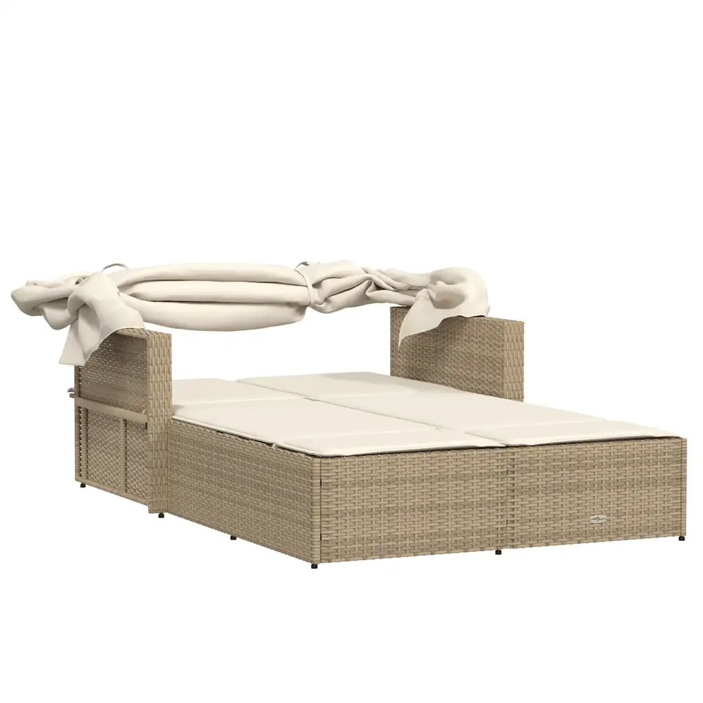 Sdraio da giardino | Lettino Doppio con Baldacchino e Cuscini Beige in Polyrattan