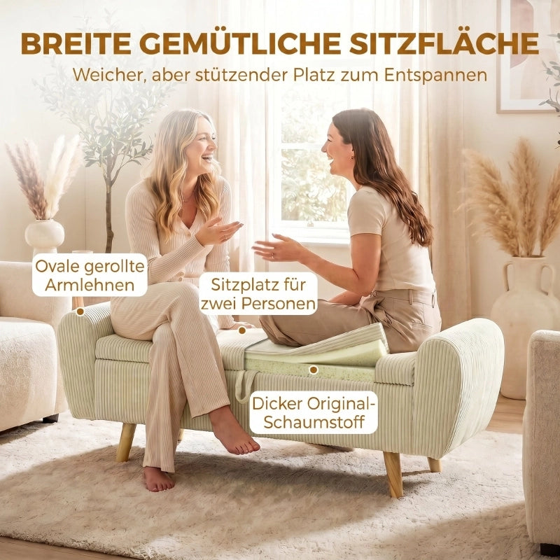 Panca contenitore in velluto a coste con braccioli arrotondati e piedini in legno beige per camera da letto 150 cm