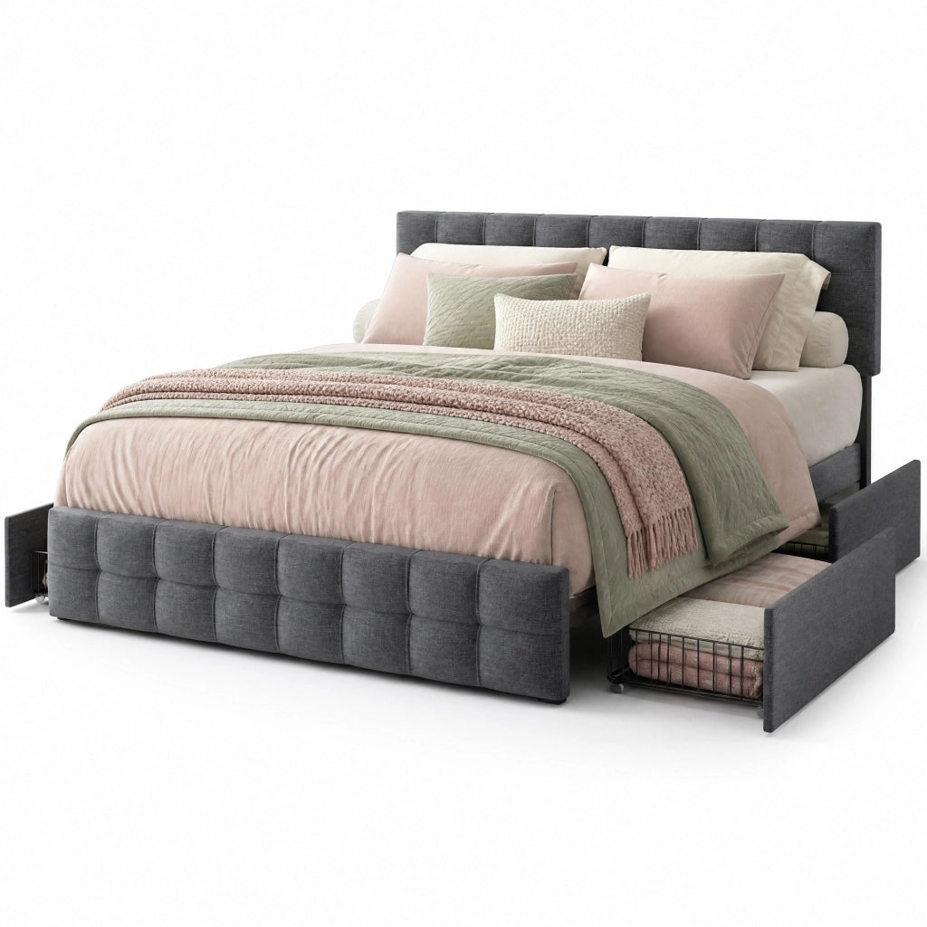 Letto imbottito matrimoniale con 4 cassetti, rete in acciaio, testiera regolabile in altezza, tessuto effetto lino, grigio, 140x200 cm