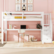 DESMIU Letto a soppalco matrimoniale con scrivania, contenitori e scala con cassetti 140 × 200 cm, senza materasso, Bianco