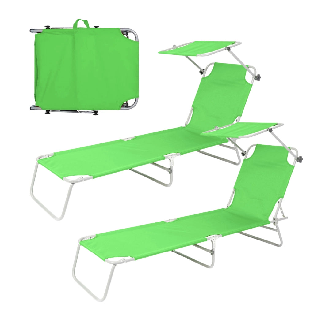 Coppia Lettini Prendisole Pieghevoli con Parasole Regolabile, Schienale Reclinabile in 4 Posizioni, Struttura in Acciaio Anti-Ruggine, Tessuto Impermeabile Anti-UV, Portata 110 kg Verde