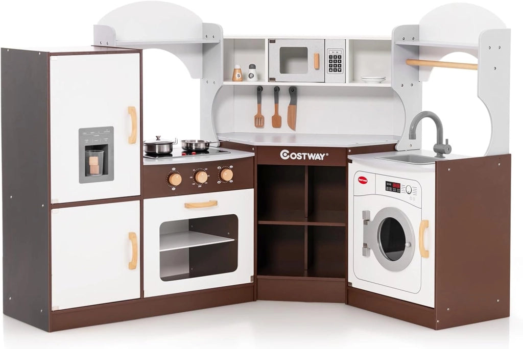 Cucina Giocattolo in Legno per Bambini, Set Cucina Giocattolo con Macchina di Ghiaccio, Microonde, Forno, Lavello, Lavatrice e Accessori, Effetti Sonori e Luminosi per Bambini 3 Anni+