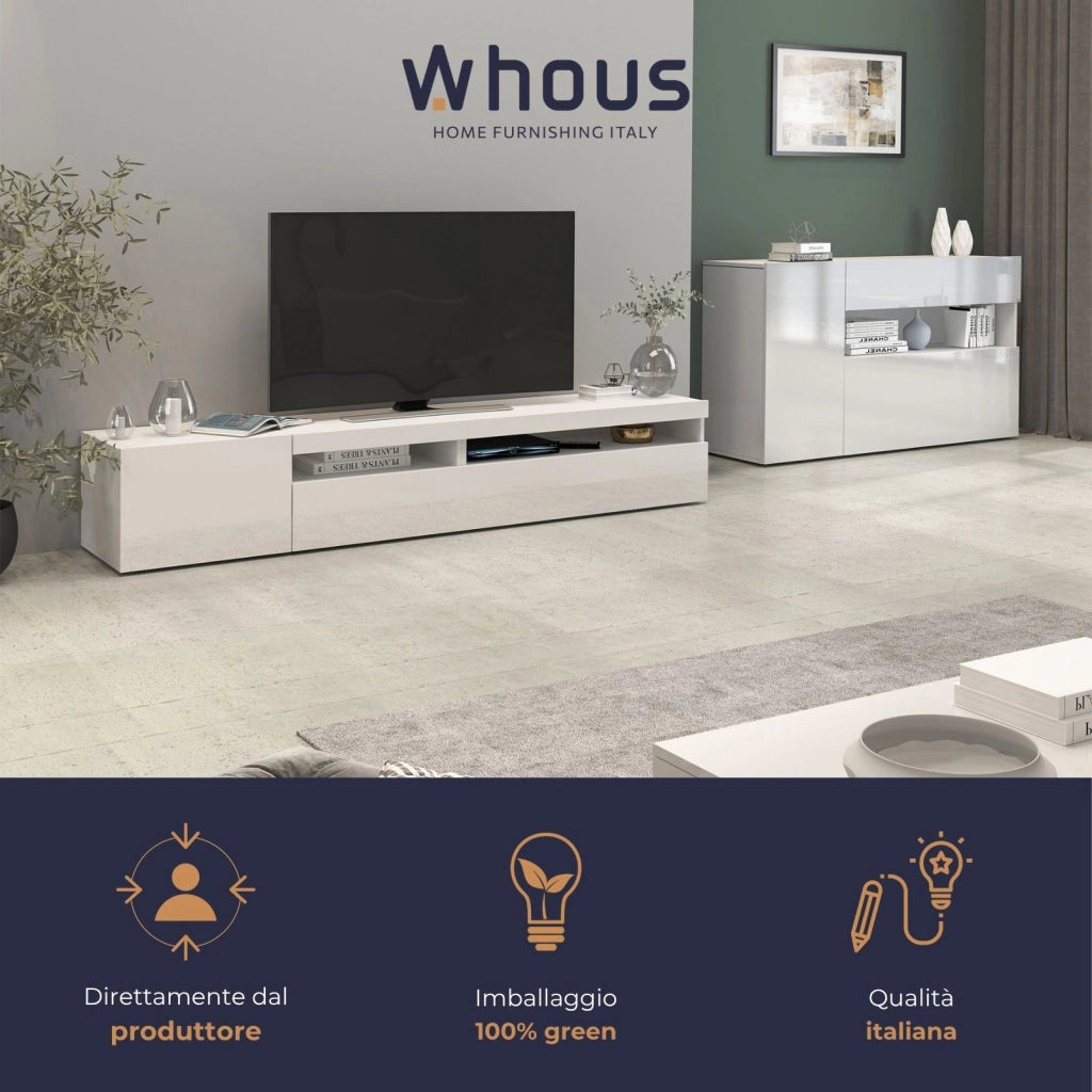 WHOUS Credenza Potenza con 1 anta 1 ribalta e 1 cassetto bianco lucido 140x40x81 cm