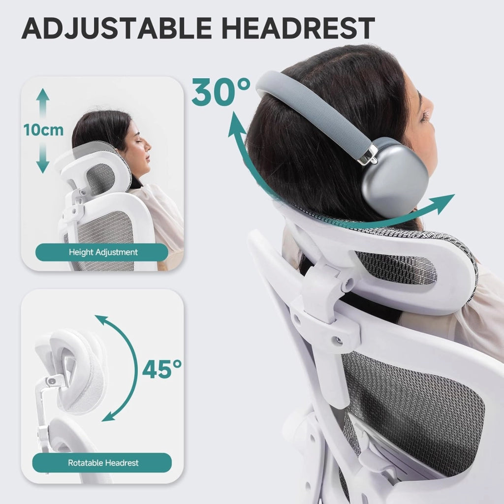 Sedia da ufficio, sedia da scrivania, ergonomica, in rete a doppio strato, traspirante, supporto lombare adattabile, poggiatesta regolabile, per home office, sedia girevole da 150 kg, bianco