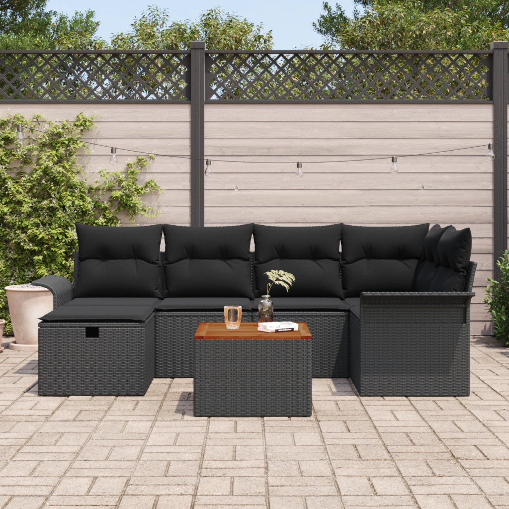 Set Divano da Giardino 7 Pezzi con Cuscini Neri Polyrattan