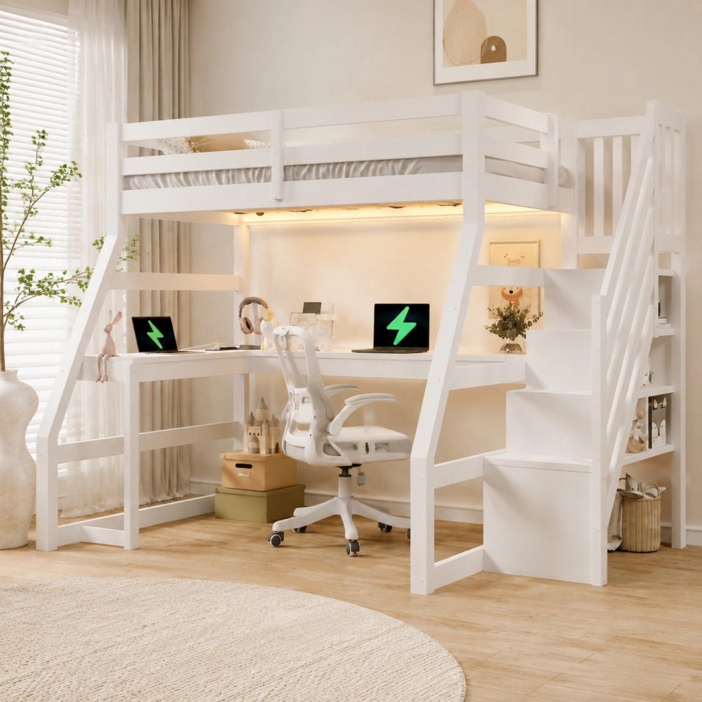 Letto a Soppalco Singolo 90x200 cm; Scrivania a L; LED e Scala con Contenitore