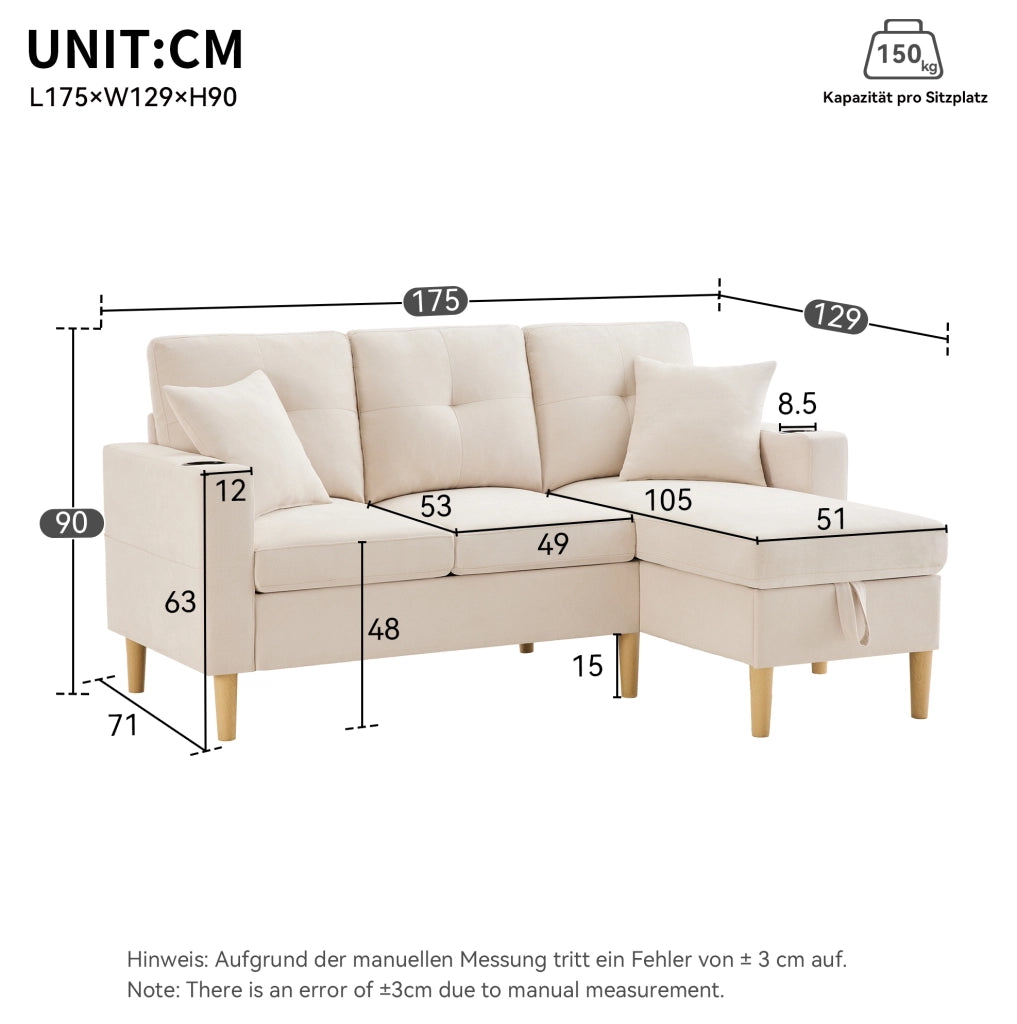 Sofa chaise longue 175x129x90 cm con contenitore; portabicchieri e cuscini; in legno; beige