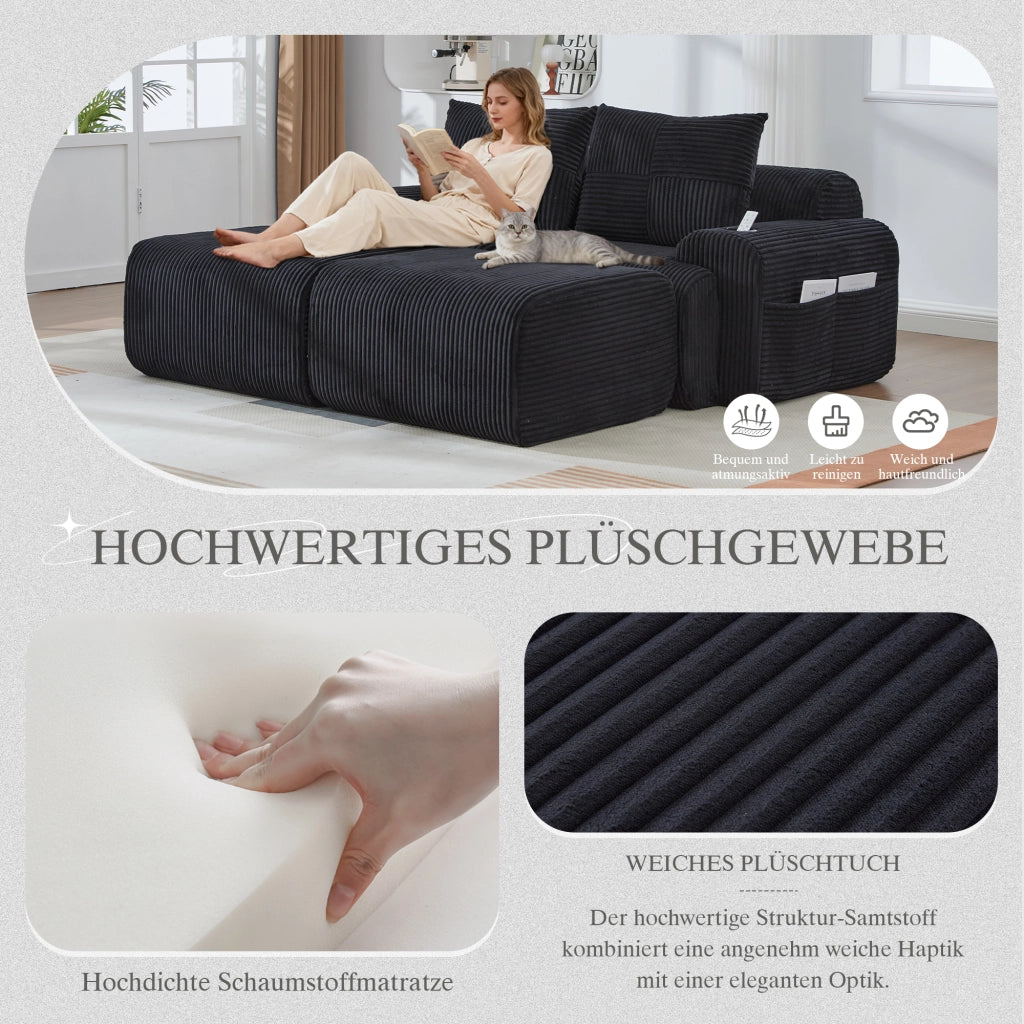 Divano modulare 2 posti con portabicchieri e tasca laterale, in velluto a coste nero, 200 × 174 × 80 cm