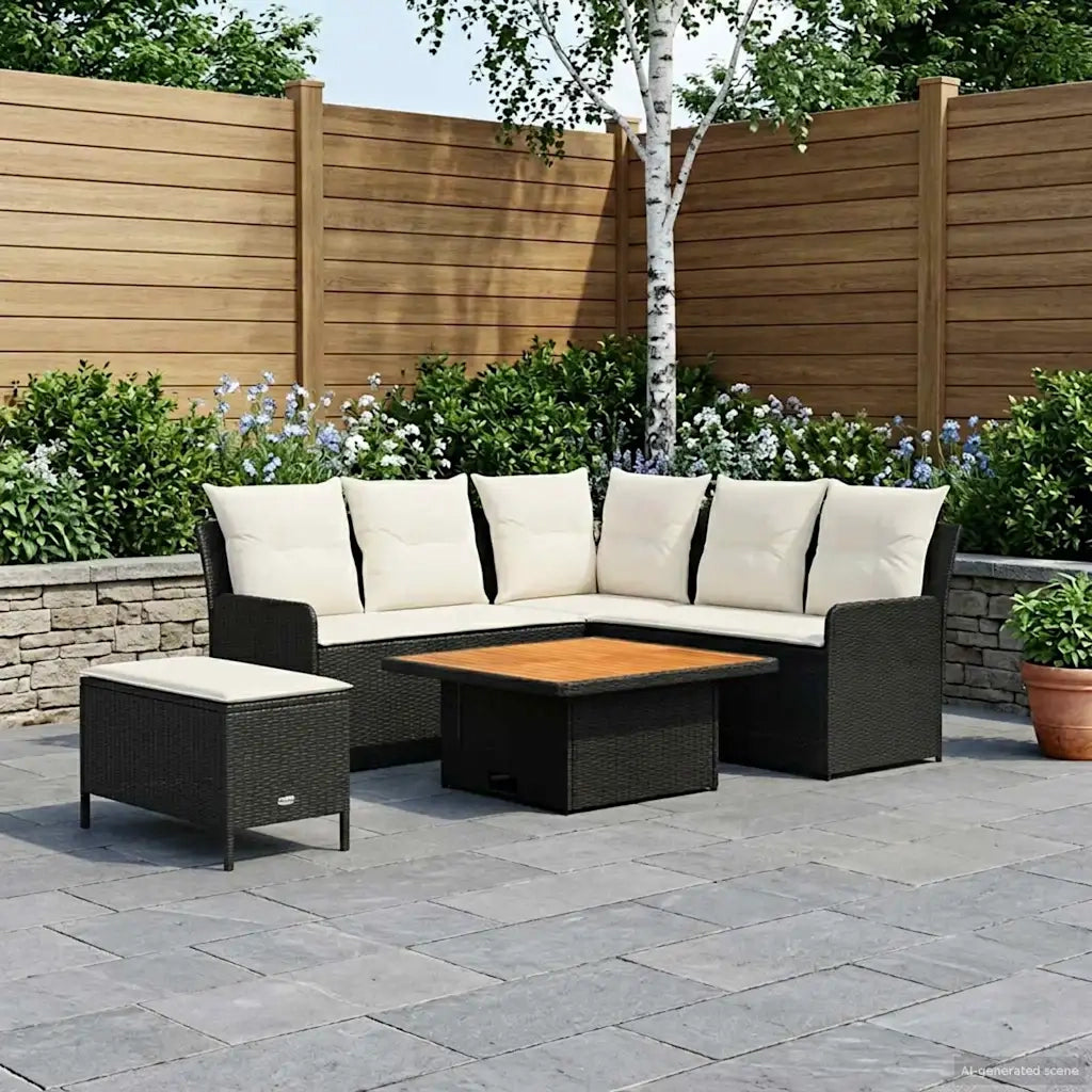 Set di Mobili con cuscino 5 pcs Nero e Crema Rattan in PE