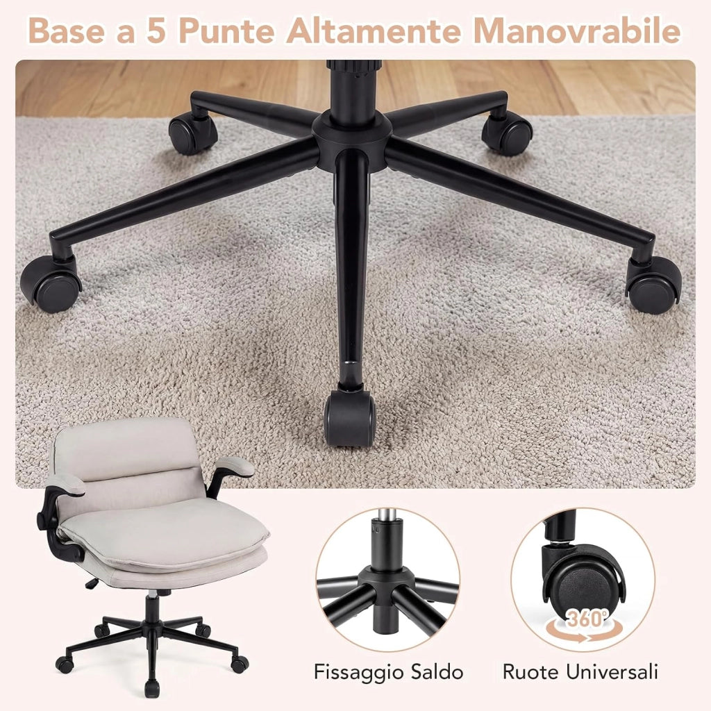 Sedia da Ufficio, Poltrona Relax Altezza Regolabile (con Ruote) | Funzione Dondolo, Braccioli Ribaltabili e Base Robusta, per Ufficio Studio Soggiorno, Portata 150 kg
