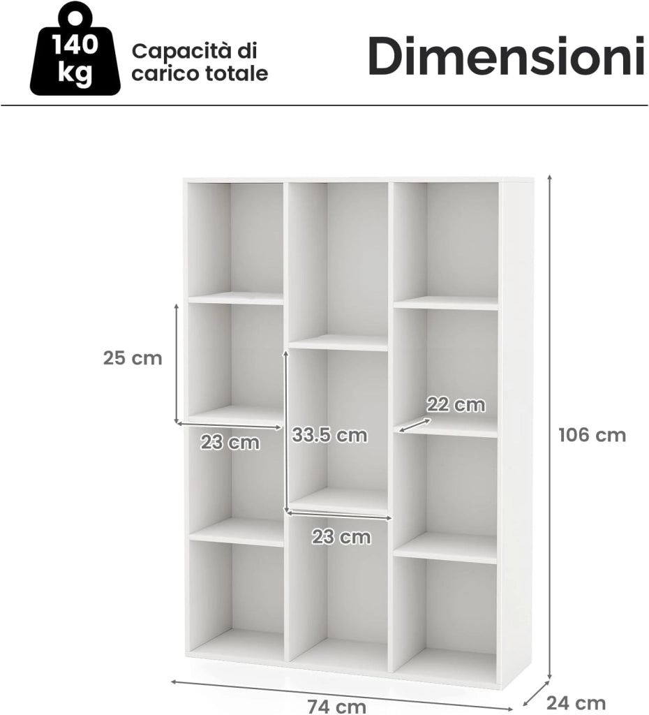 Libreria Aperta con 11 Scomparti, Libreria a Cubi, Arredamento Casa, Scaffale da Ufficio, 74 x 24 x 106 cm (Bianco)